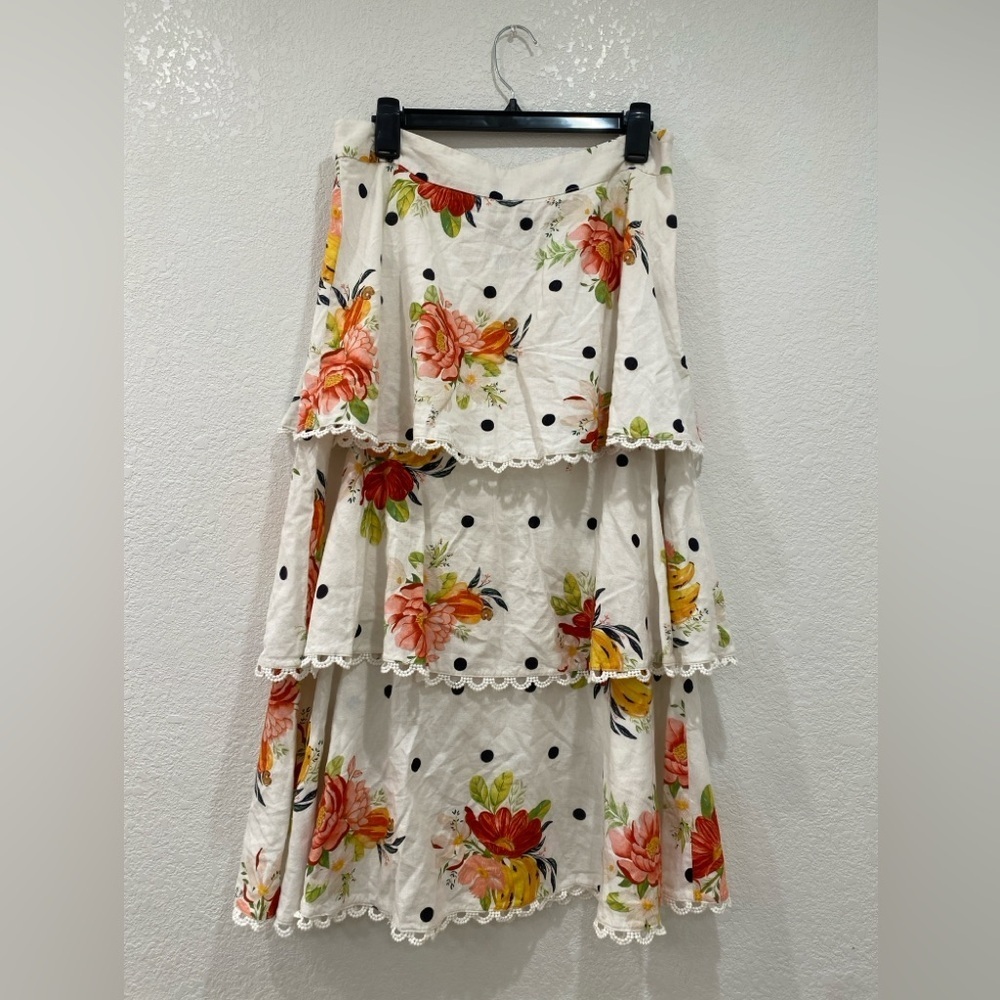 FARM RIO NANAJU MIDI SKIRT embroidered trim tiered size L - Picture 2 of 8